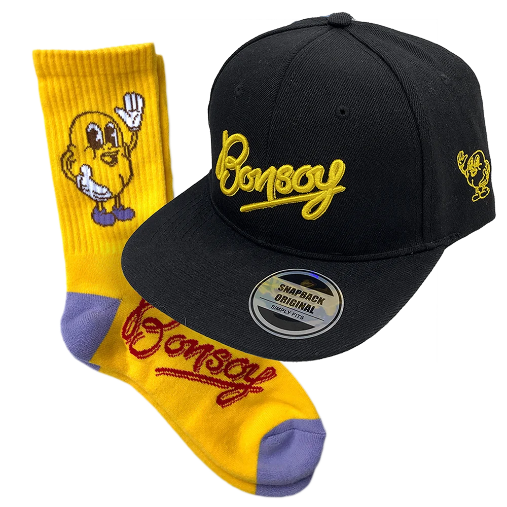 bonsoy_merch_yellow_socks_black_logo_cap