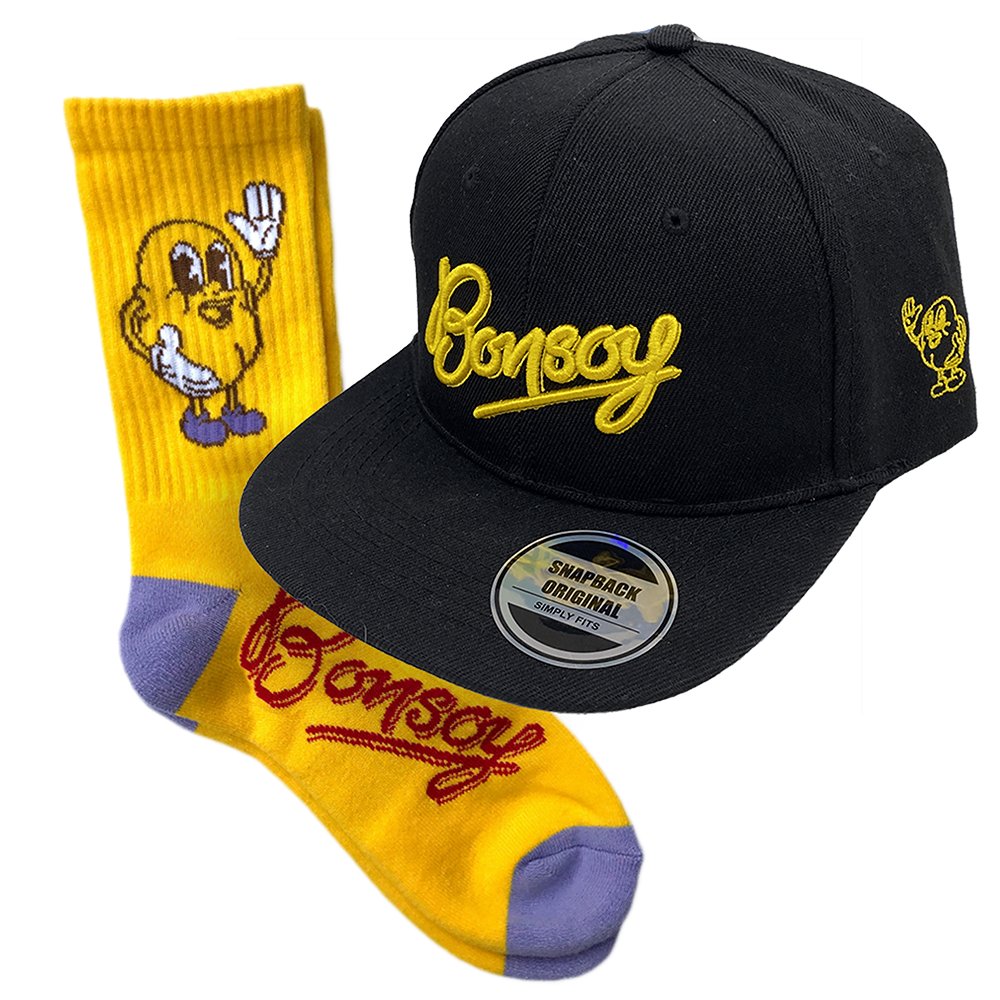 bonsoy_merch_yellow_socks_black_logo_cap